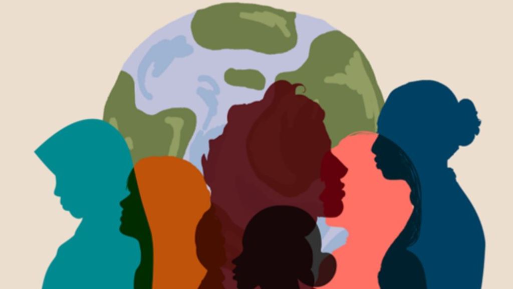 drawings of outlines of six women against a drawing of the globe.