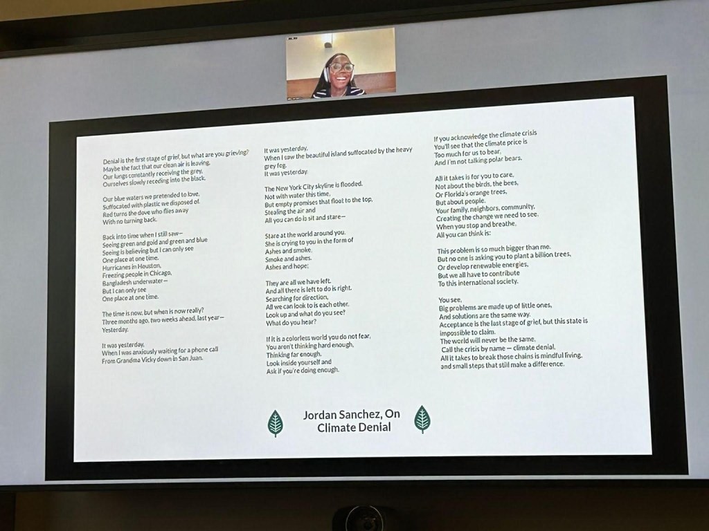 : A screenshot from the October knowledge session showing the words from Jordan Sanchez’s poem On Climate Denial, which appears below Jordan’s face, as Jordan joined online from New York